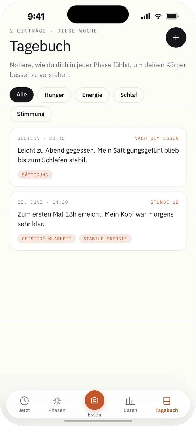 Fagia-Fastentagebuch mit Notizen, gefiltert nach Hunger, Energie, Schlaf und Stimmung.