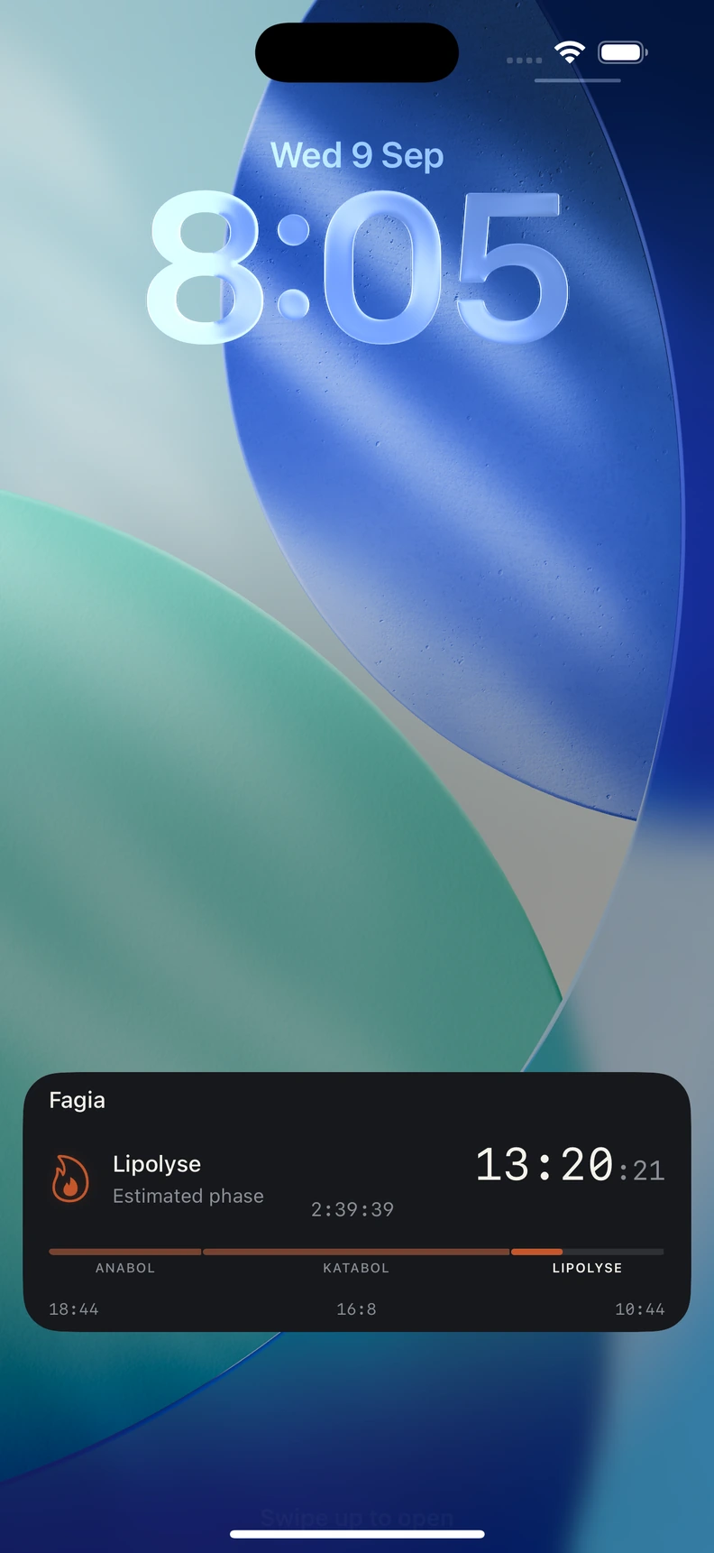 Fagia Live-Aktivität auf dem iPhone-Sperrbildschirm mit kleineren Sekunden und einer geschätzten Fastenphase.