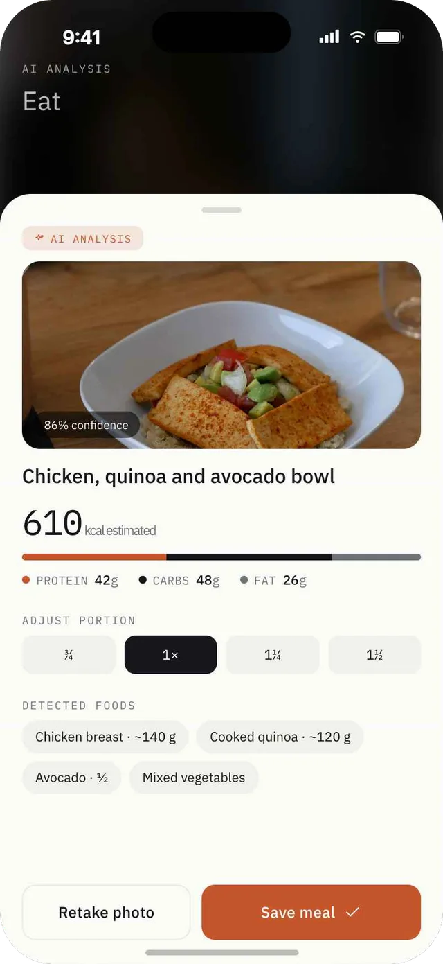 Fagia AI meal analysis for a chicken, quinoa and avocado bowl, with 610 estimated calories and a macro breakdown.