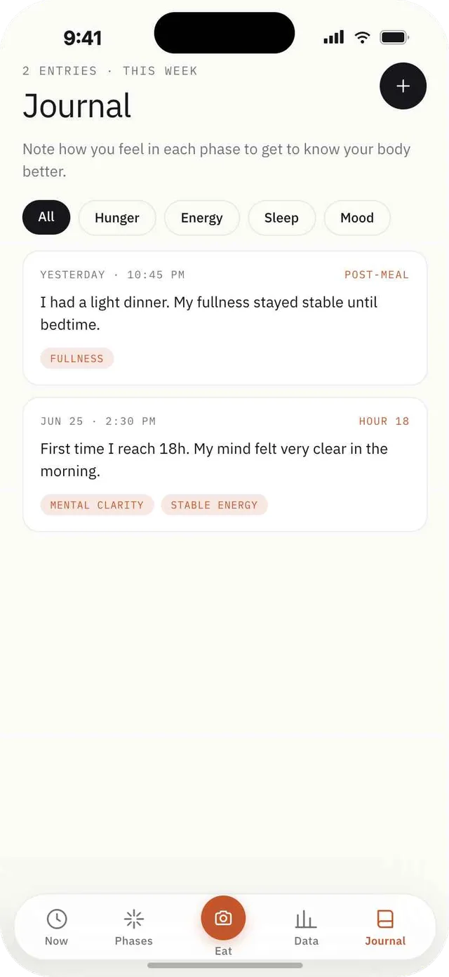 Fagia journal screen with notes filtered by hunger, energy, sleep and mood.