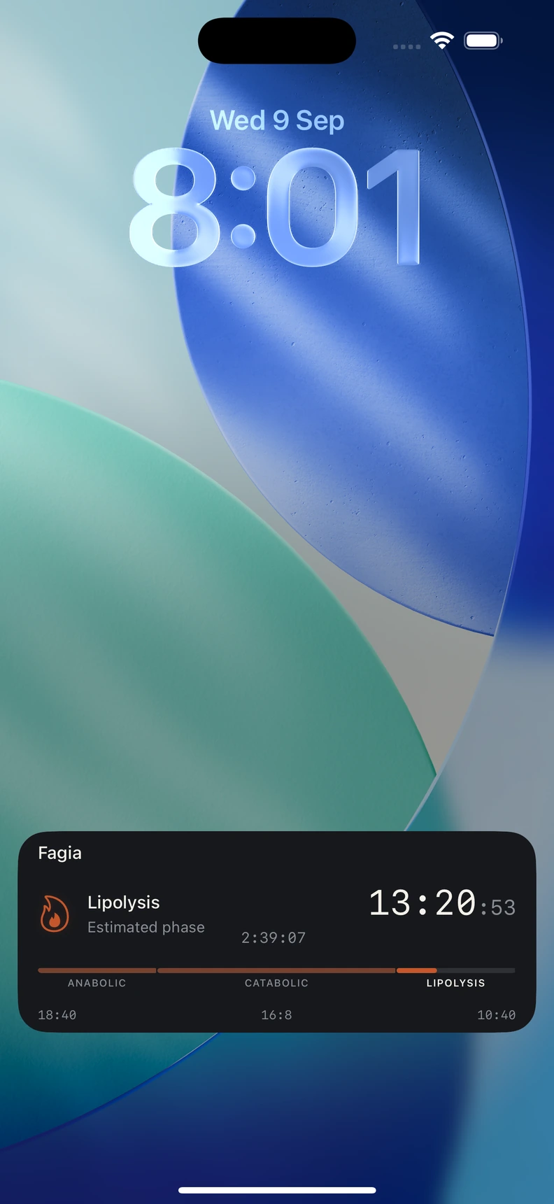 Fagia Live Activity on the iPhone Lock Screen showing elapsed time with smaller seconds and an estimated fasting phase.
