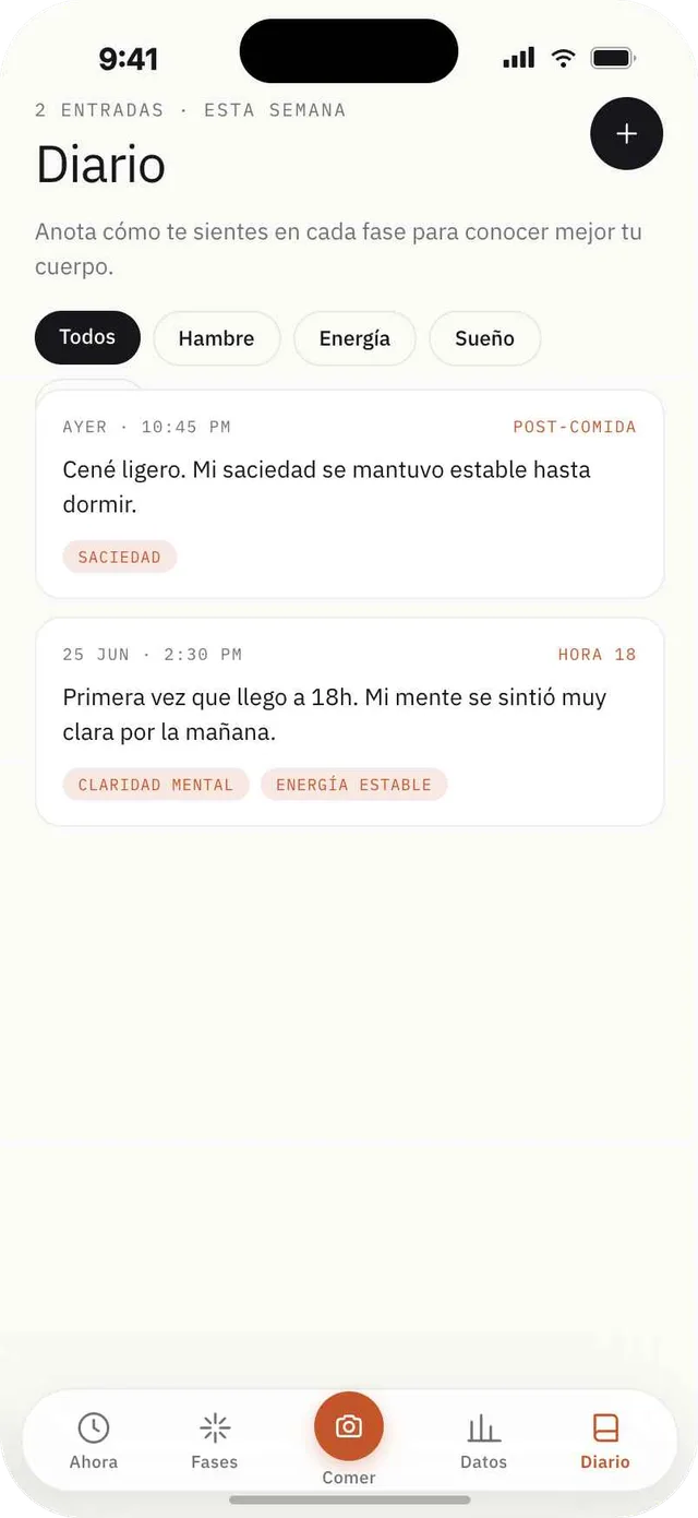 Pantalla del diario de Fagia con notas filtradas por hambre, energía, sueño y ánimo.