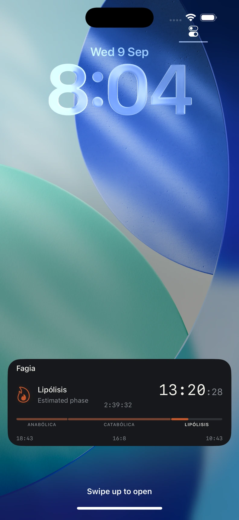 Live Activity de Fagia en la pantalla bloqueada del iPhone con segundos más pequeños y una fase de ayuno estimada.