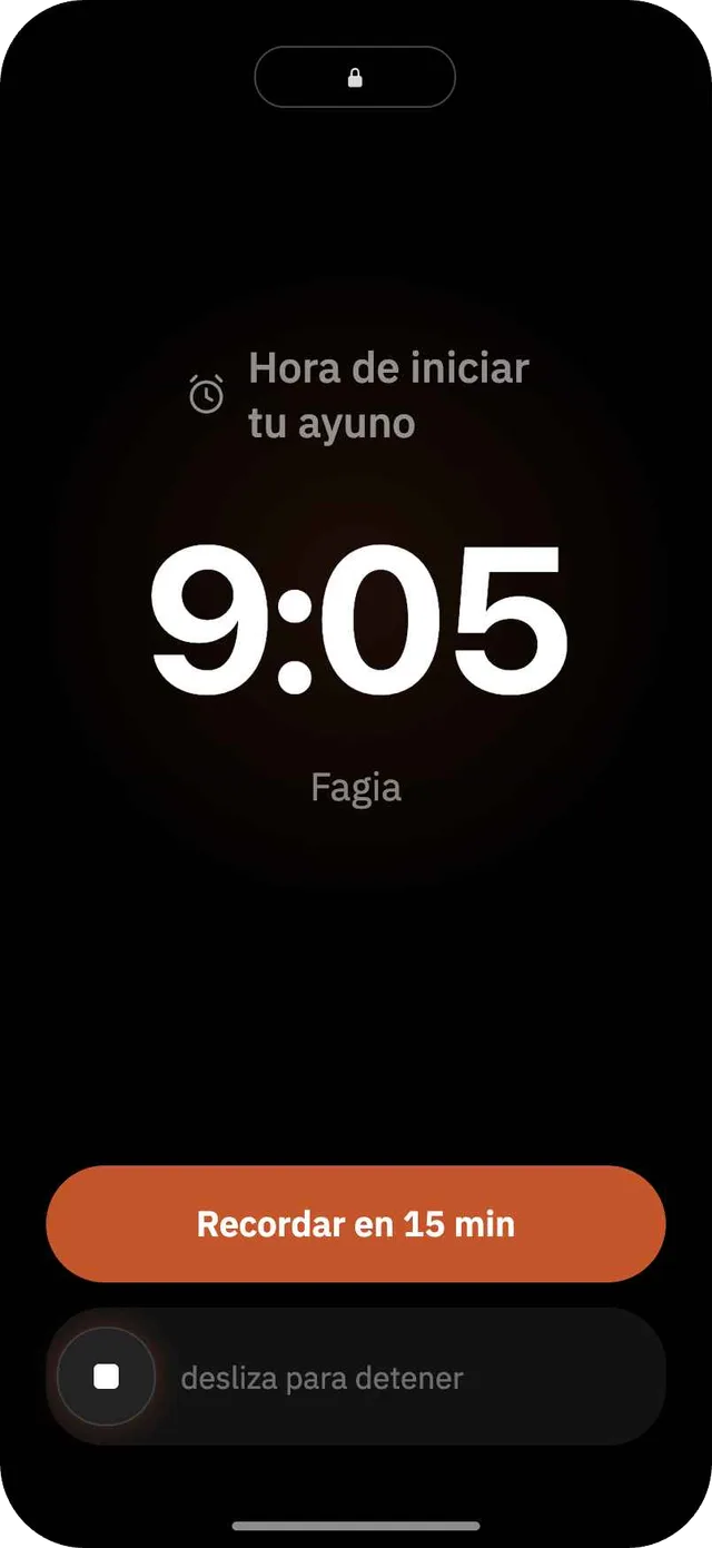 Alerta de Fagia en la pantalla de bloqueo que recuerda el inicio de la ventana de ayuno, con opciones para posponer y detener.