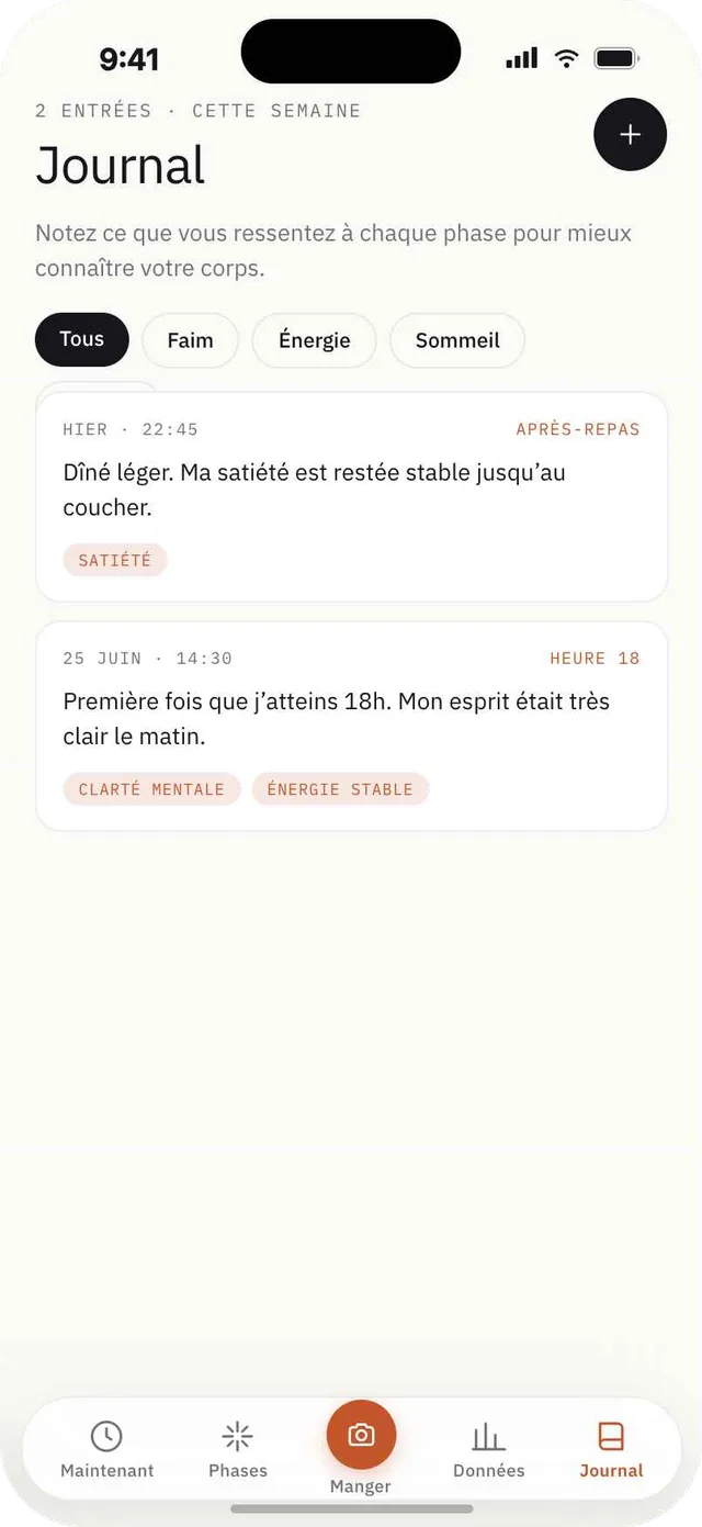 Écran du journal Fagia avec des notes filtrées par faim, énergie, sommeil et humeur.