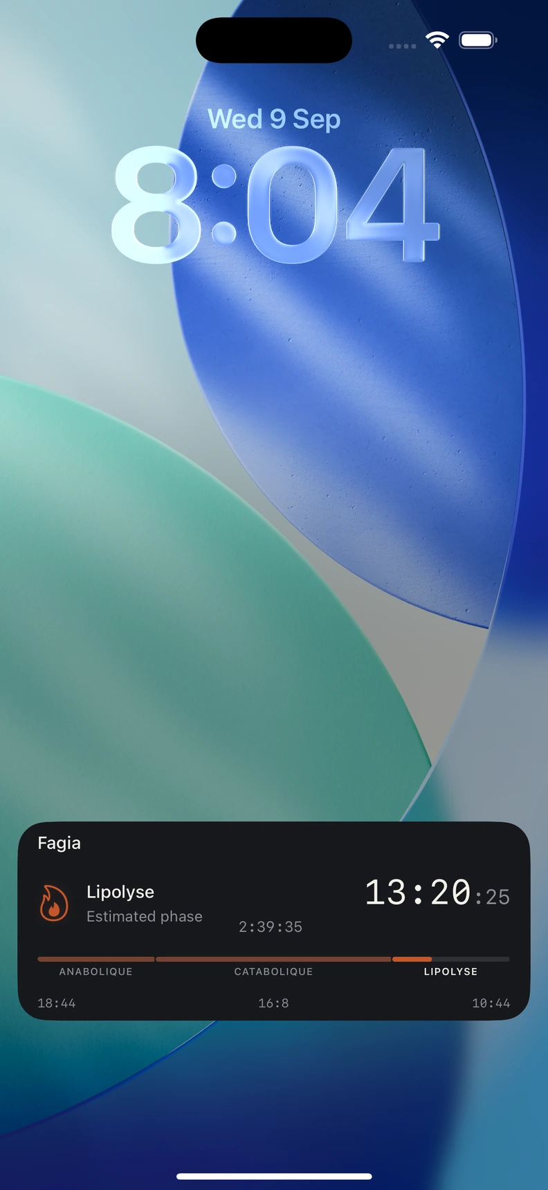 Activité en direct Fagia sur l’écran verrouillé de l’iPhone, avec des secondes plus petites et une phase de jeûne estimée.