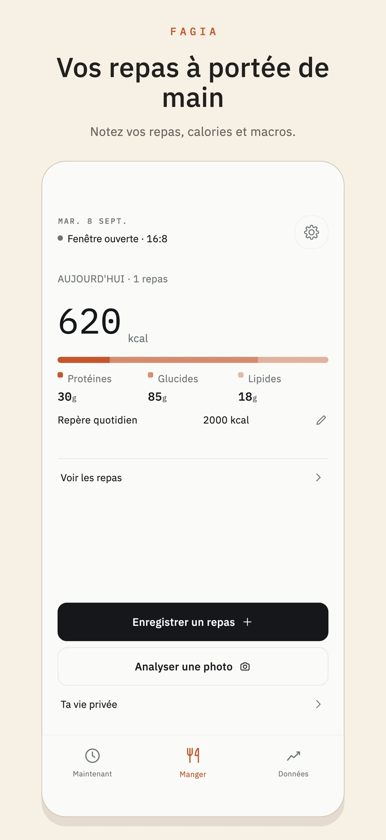 Onglet repas Fagia avec résumé quotidien des calories et macros, journal des repas et bouton d’analyse photo.