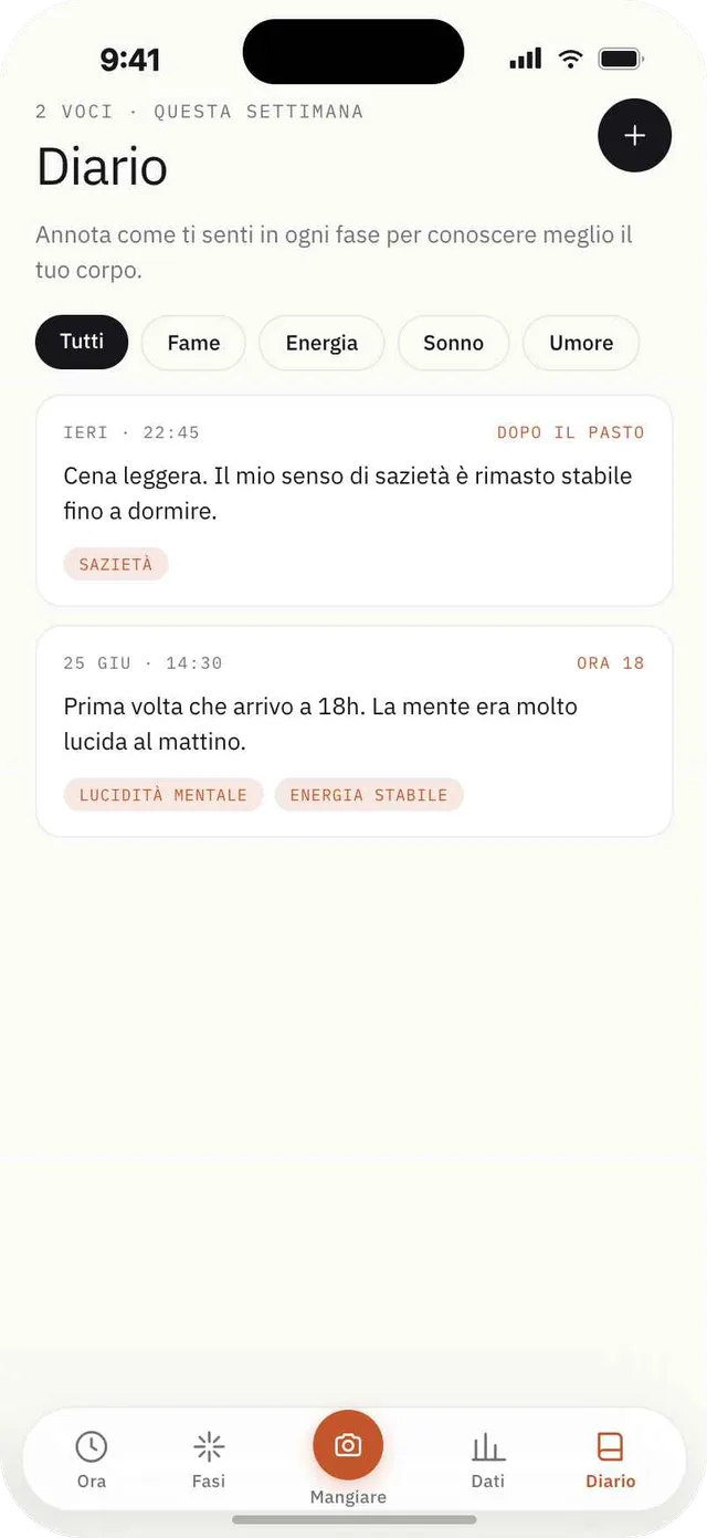 Schermata del diario di Fagia con note filtrate per fame, energia, sonno e umore.