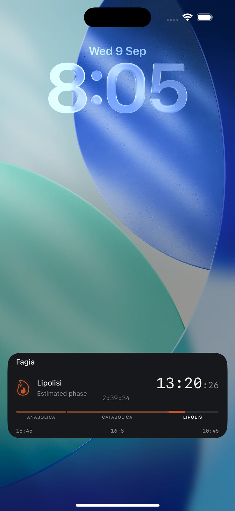 Attività in tempo reale di Fagia sulla schermata di blocco dell’iPhone, con secondi più piccoli e una fase di digiuno stimata.