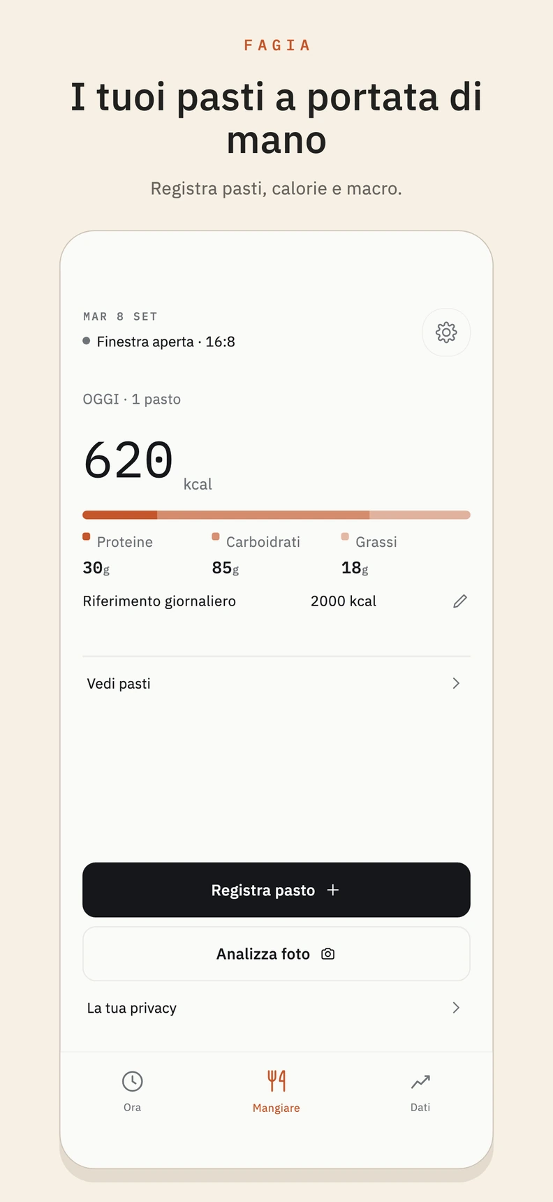 Scheda pasti di Fagia con riepilogo giornaliero di calorie e macro, registro dei pasti e pulsante per analizzare una foto.