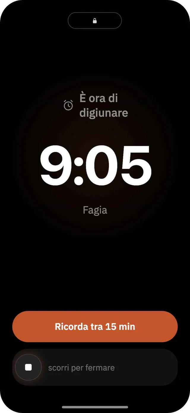 Avviso Fagia nella schermata di blocco che ricorda l’inizio della finestra di digiuno, con controlli per posticipare o fermare.