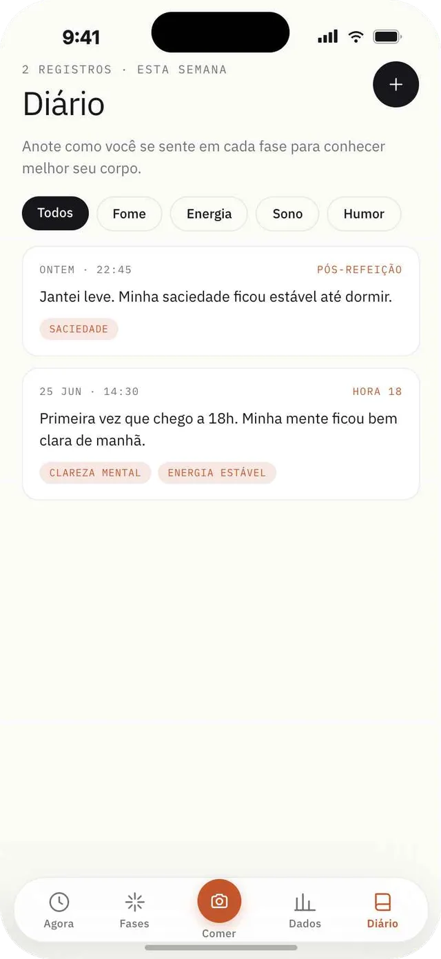 Tela do diário do Fagia com notas filtradas por fome, energia, sono e humor.
