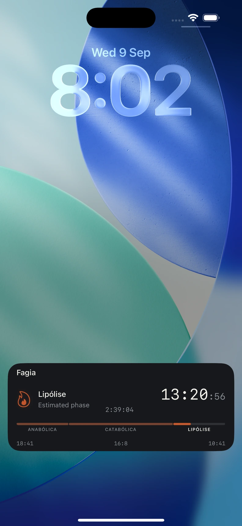 Atividade ao Vivo do Fagia na tela bloqueada do iPhone, com segundos menores e uma fase estimada do jejum.