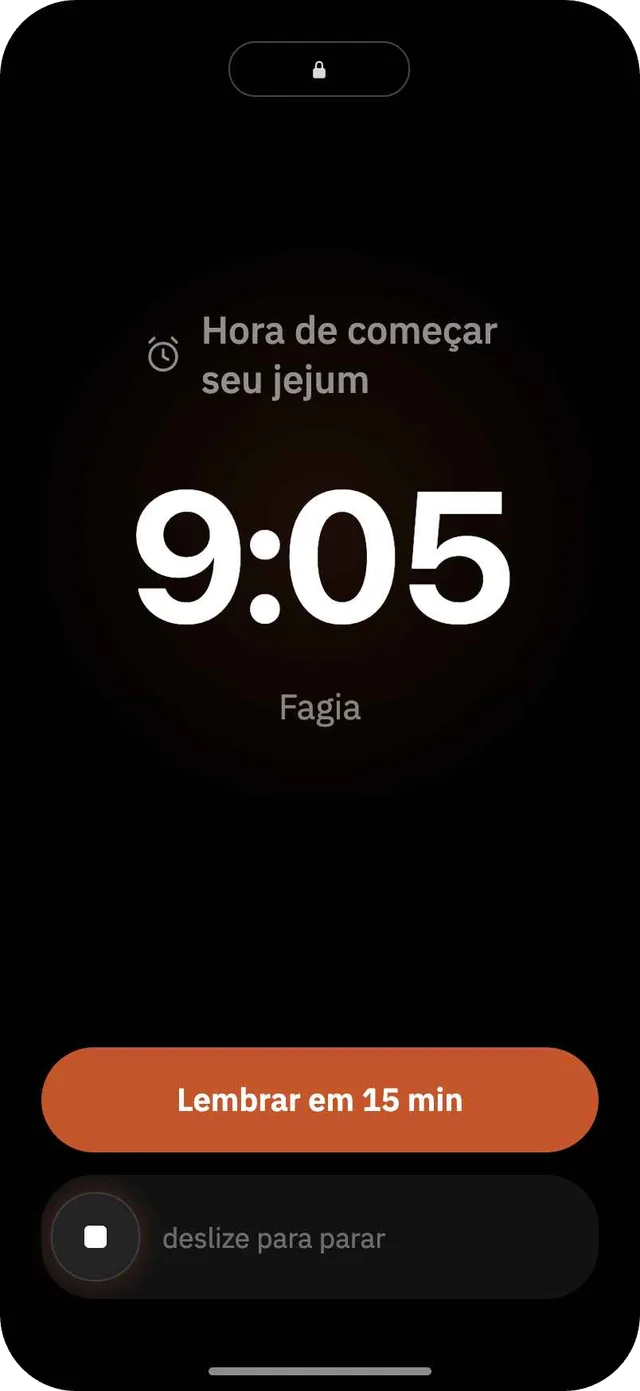 Alerta do Fagia na tela de bloqueio que lembra o início da janela de jejum, com controles para adiar ou parar.